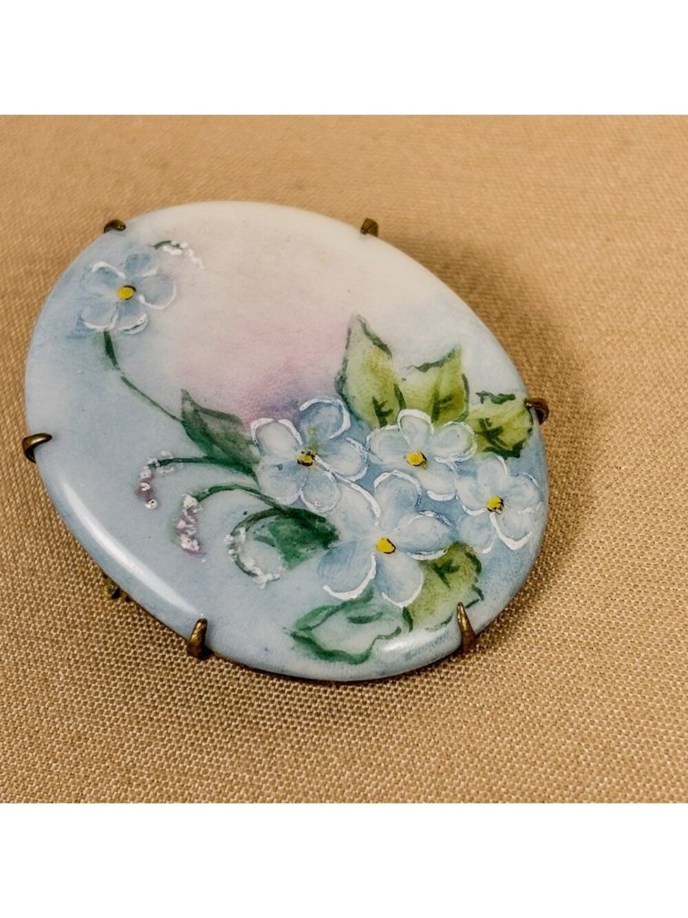 Antique Victorian Hand Painted Porcelain Forget Me Not Brooch C Clasp C79